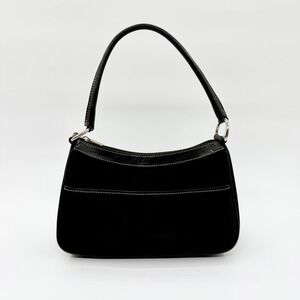 Talbots Black Nylon Leather Trim Baguette Shoulder Bag Silver Tone Hardware